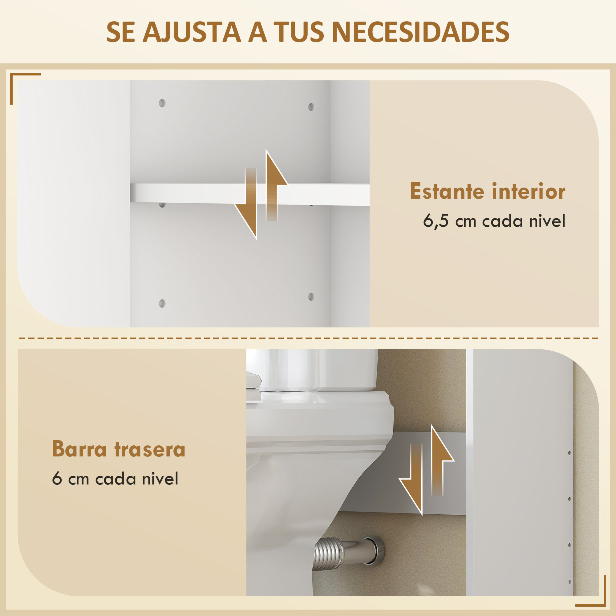 Estantería para Baño sobre Inodoro, Mueble Organizador de Baño de 3 Niveles con Estante Abierto, 2 Puertas y Estante Ajustable, 64x20x170,5 cm, Blanco