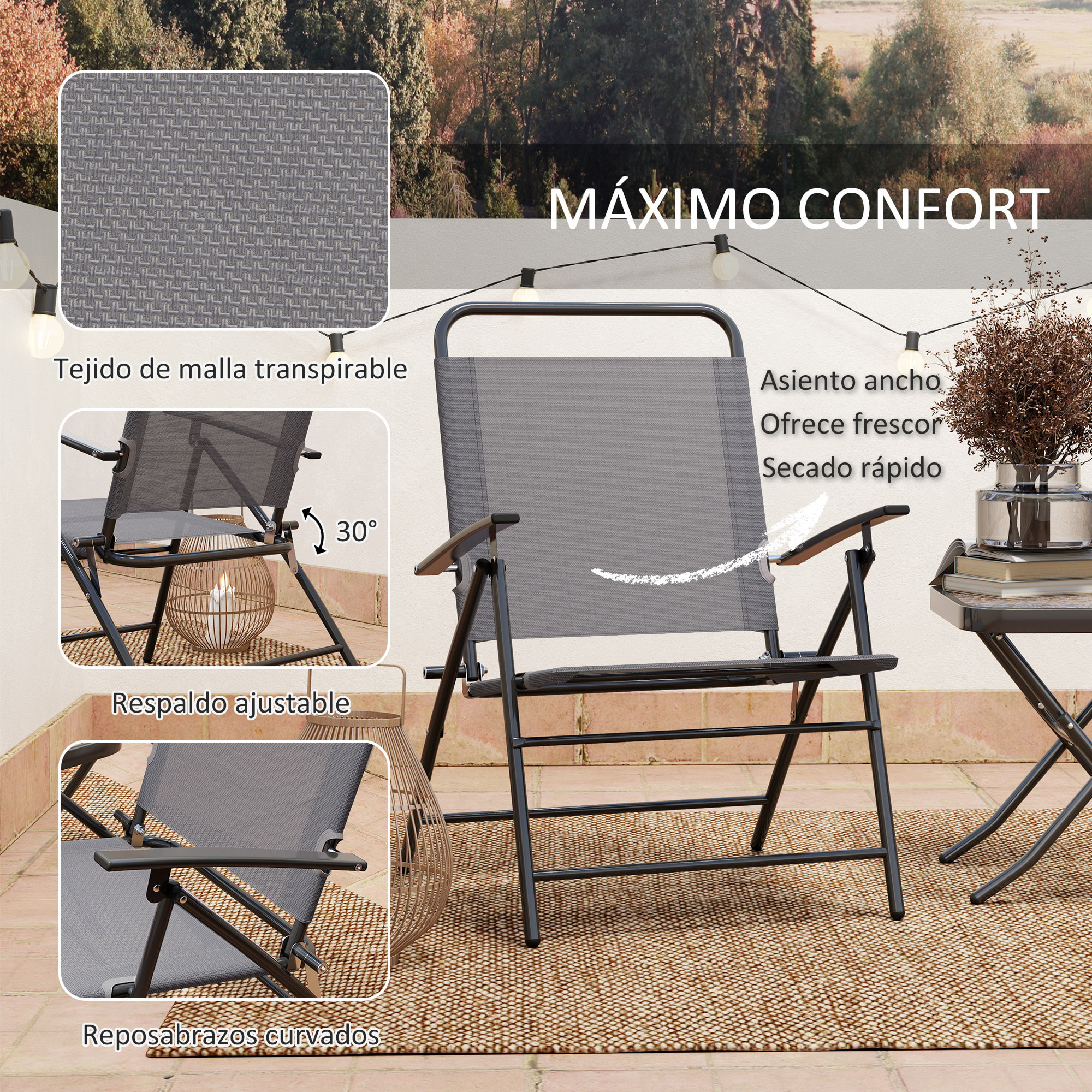 Conjunto de Mesa y Sillas de Terraza Exterior de 3 Piezas Muebles de Jardín Exterior Plegables con Respaldo Regulable Tablero de Vidrio y Estructura de Acero