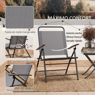 Conjunto de Mesa y Sillas de Terraza Exterior de 3 Piezas Muebles de Jardín Exterior Plegables con Respaldo Regulable Tablero de Vidrio y Estructura de Acero