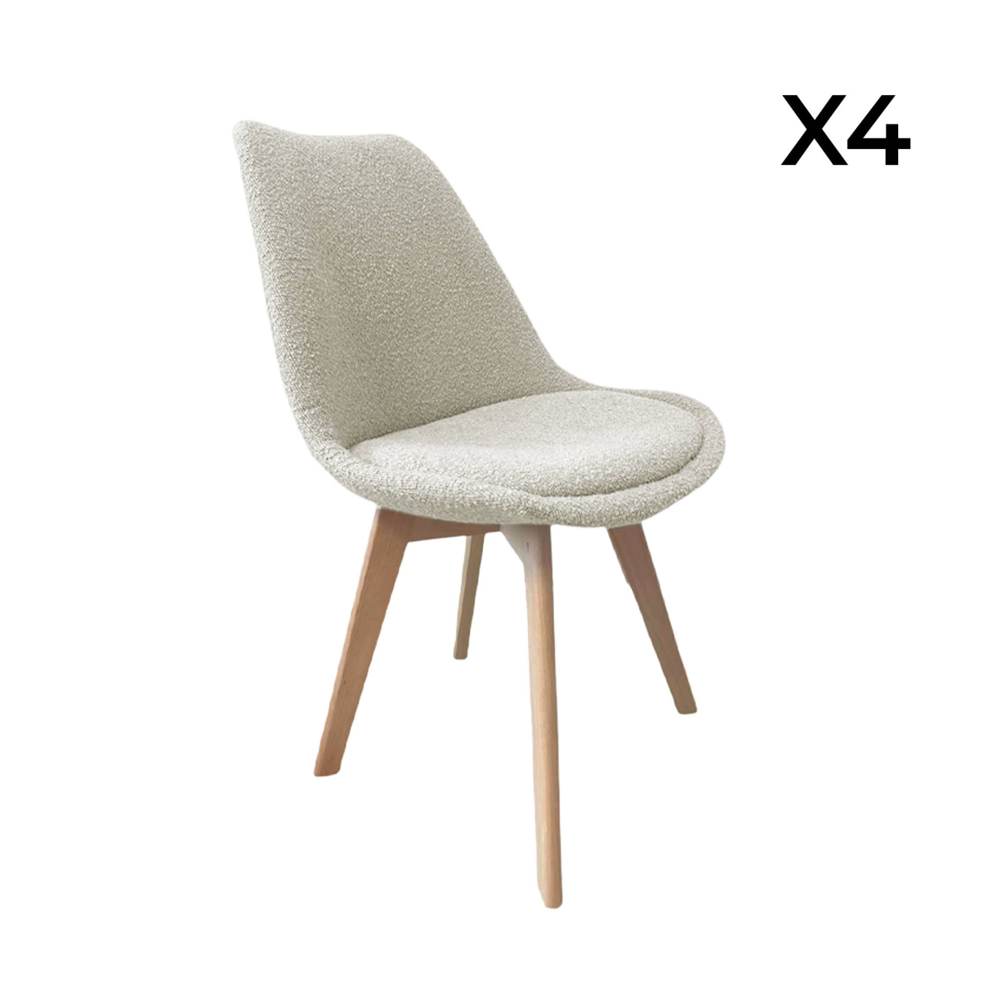 Lot de 4 chaises scandinaves revêtement bouclette texturée blanc. pieds bois de hêtre - Nils