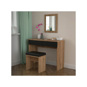 Ensemble coiffeuse en décor bois chêne avec miroir, table et banc - DAVID