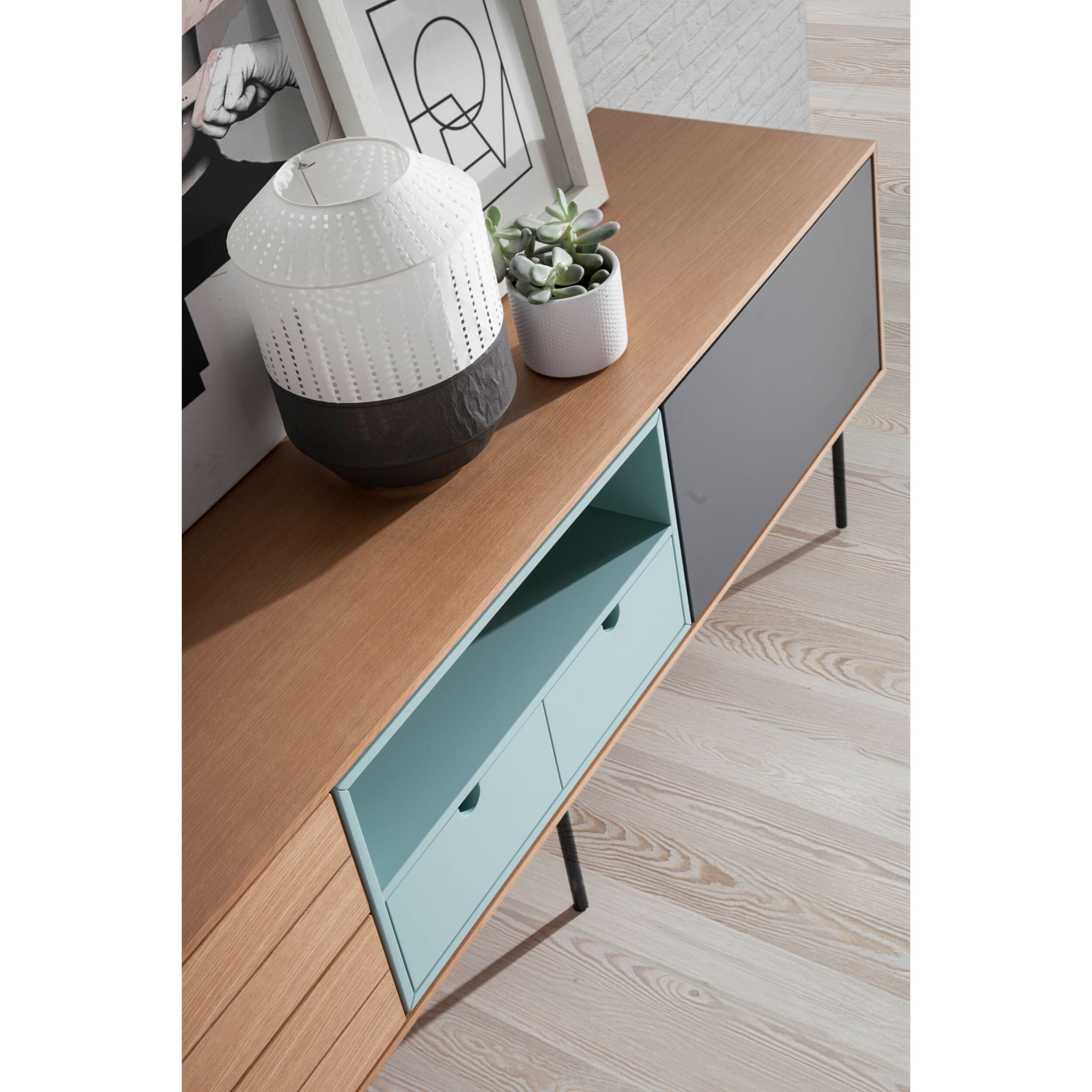 Mueble de TV – Gris, roble y turquesa