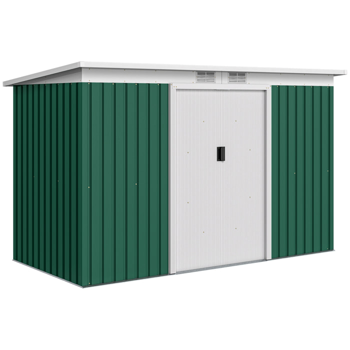 Abri de jardin - remise pour outils - cabanon portes verrouillables - dim. 2,8L x 1,3l x 1,72H m - tôle d'acier vert blanc