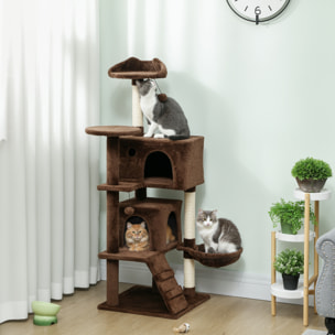 Árbol Rascador para Gatos, Árbol para Gatos 140 cm, Torre Escalador con Múltiples Plataformas, Cama, 2 Cuevas, Hamaca, Escalera, Postes de Sisal, Bolas para Jugar, Marrón