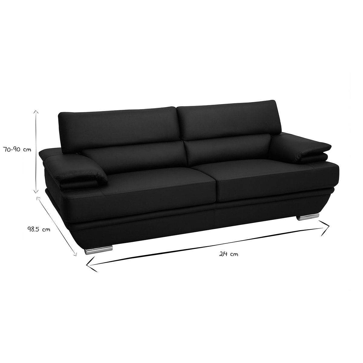 Canapé design avec têtières ajustables 3 places cuir noir et acier chromé EWING