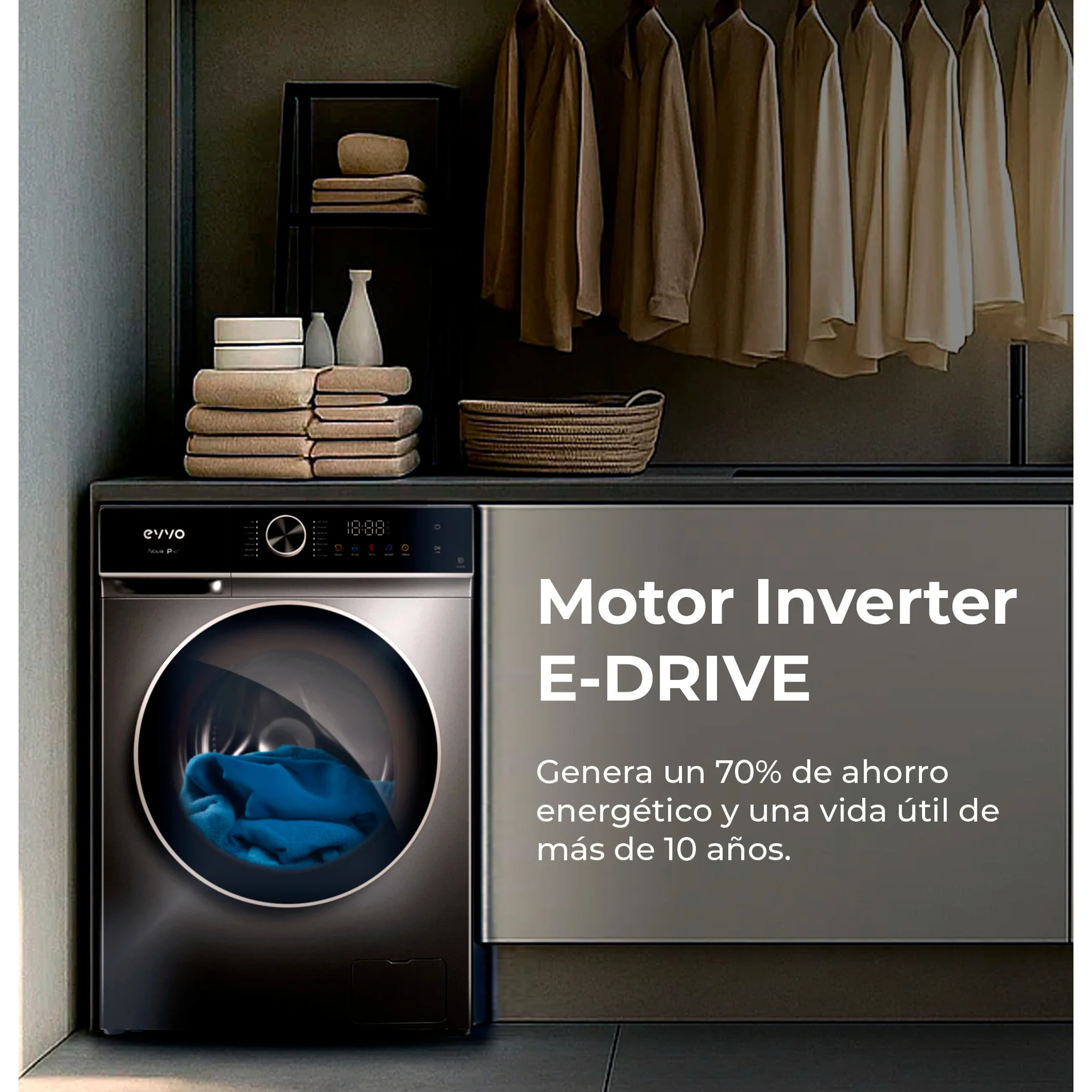 EVVO Lavadora 10 kg carga frontal Nova P10, 1200 rpm, Clase energética A, , Lavado Rápido 15', SMART LOAD, Tambor ePROTECT, Inicio diferido, Inox