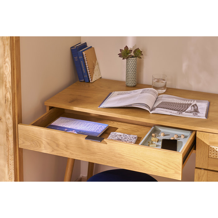 Bureau finition bois clair, cannage rotin et métal noir 3 tiroirs L120 cm MANILLE