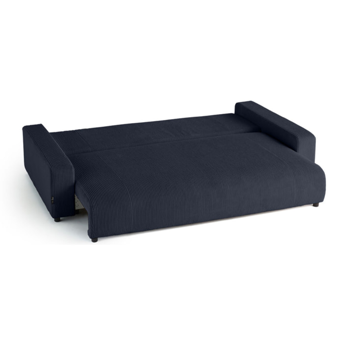 Pivoine - canapé droit 3 places - convertible avec coffre - en velours côtelé - Bleu nuit