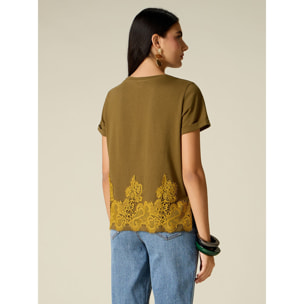 Oltre - T-shirt in cotone con pizzo - Kaki