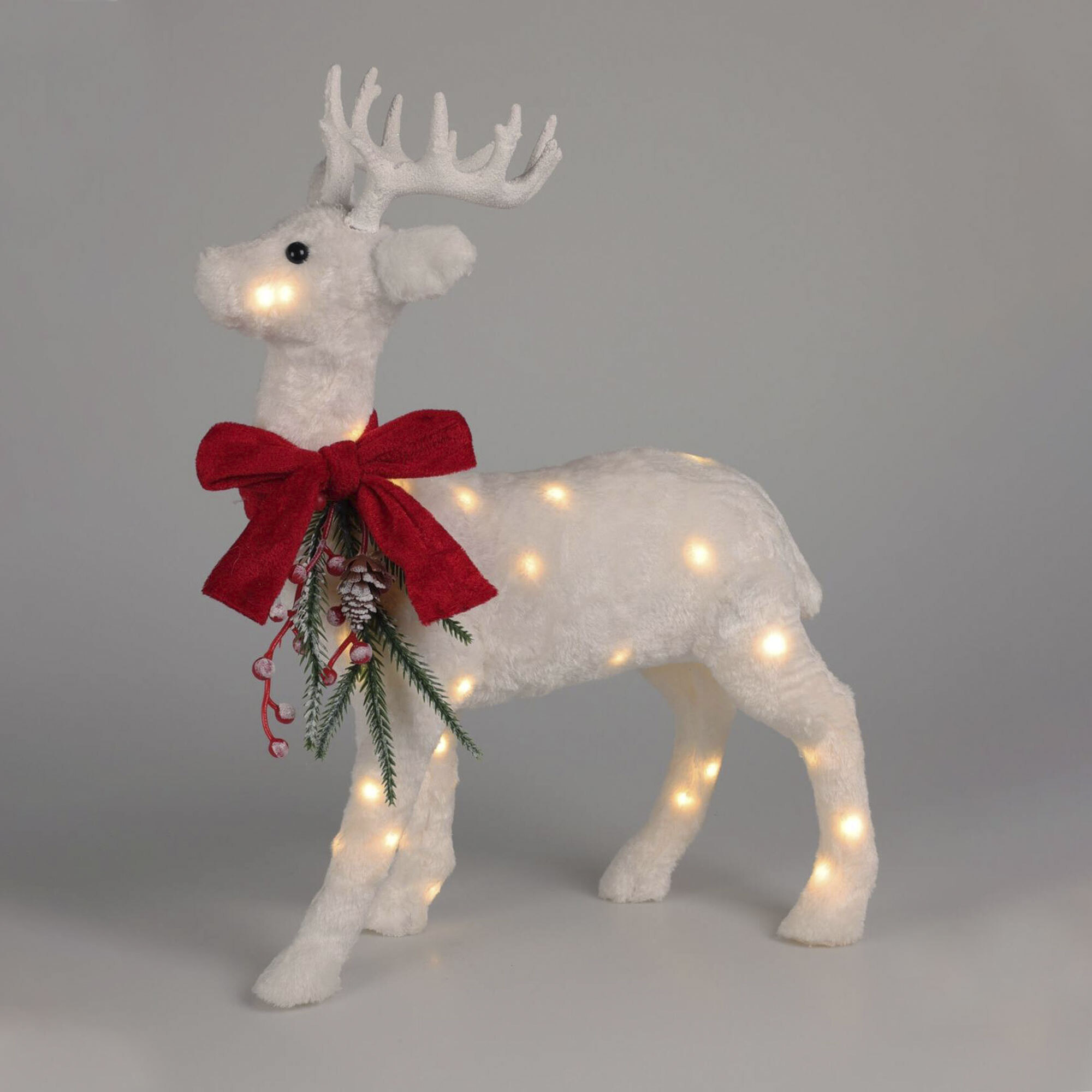 Decoración navideña - reno de pie con luces led y tela blanca 30x12x30cm