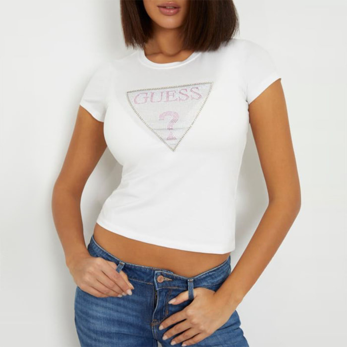 T-shirt - logo - orné de strass - coton - blanc