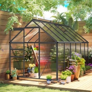 Serre de jardin polycarbonate alu 7 m² dim. 3,75L x 1,9l x 1,99H m lucarne réglable fondation porte coulissante gris