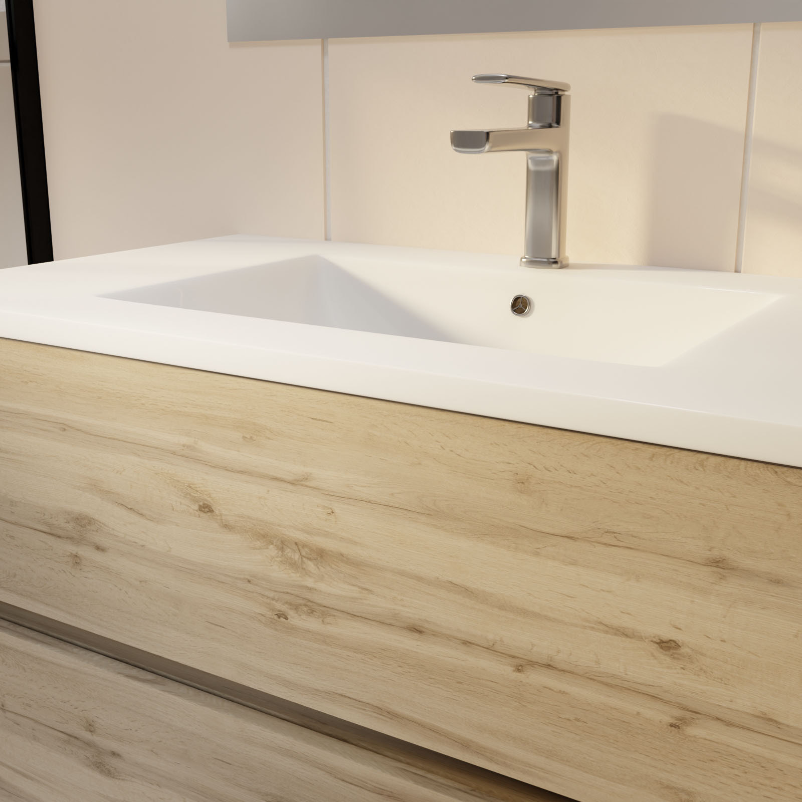 Pack Meuble SDB 80cm sur pieds 3 tiroirs Chene_Vasque blanche + Miroir Led - TIMBER 80_Pack46