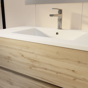 Pack Meuble SDB 80cm sur pieds 3 tiroirs Chene_Vasque blanche + Miroir Led - TIMBER 80_Pack46