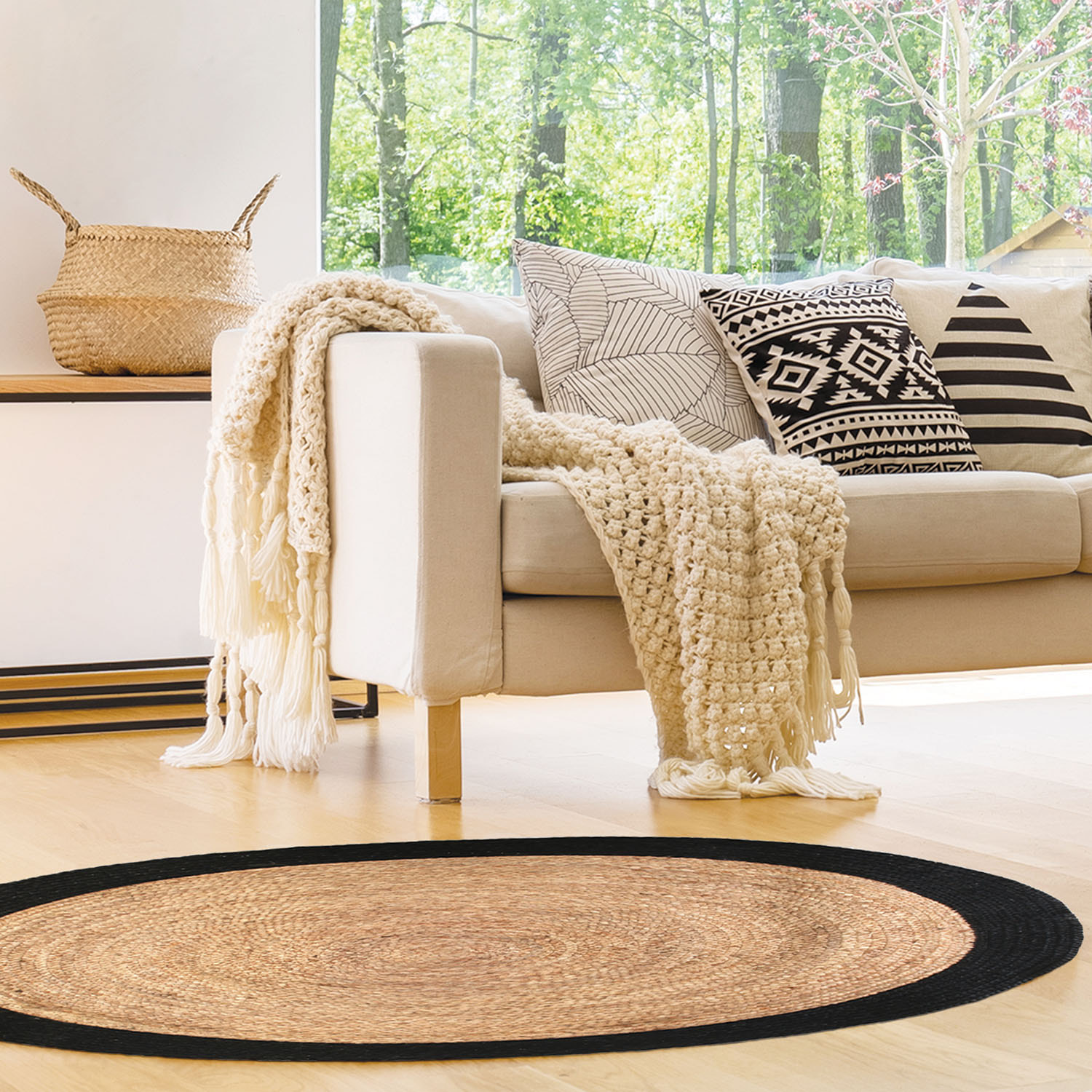 Tapis Rond Jute Bord Noir 120cm