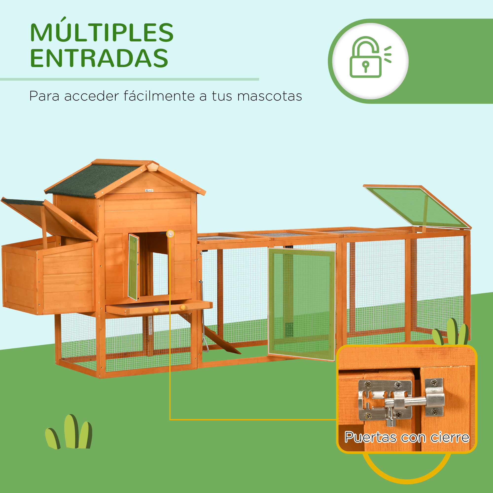 Gallinero de Madera 297,5x68x118 cm para 3-6 Gallinas con Techo Asfáltico Corral