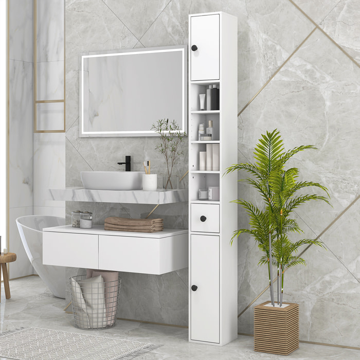 Mueble Auxiliar Baño Moderno Armario Alto de Baño con 1 Cajón 5 Estantes Ajustables y 2 Armarios Mueble de Almacenaje para Salón Dormitorio Carga 30 kg 20x20x180 cm Blanco