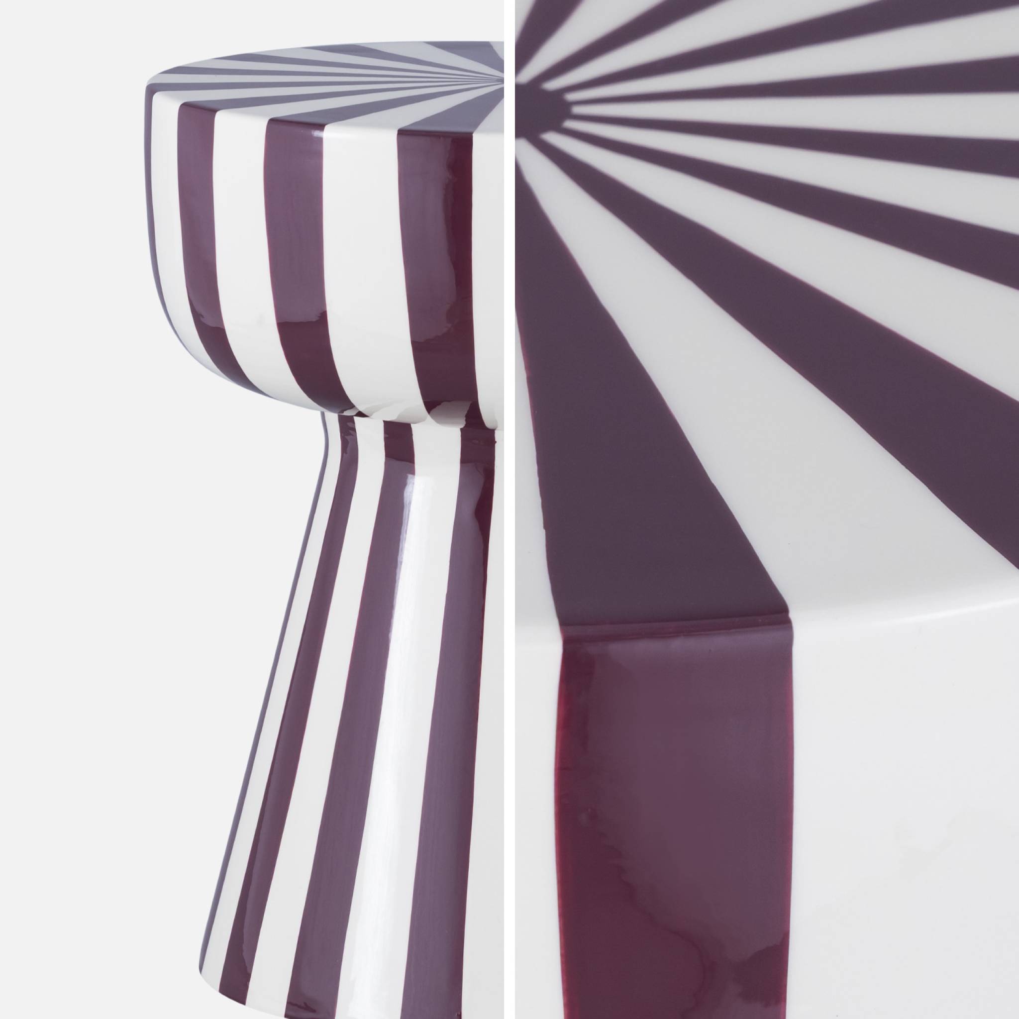 Table d'appoint. bout de canapé. table de chevet. acier émaillé rayures bicolore. violet et blanc. Ø34 x H41cm