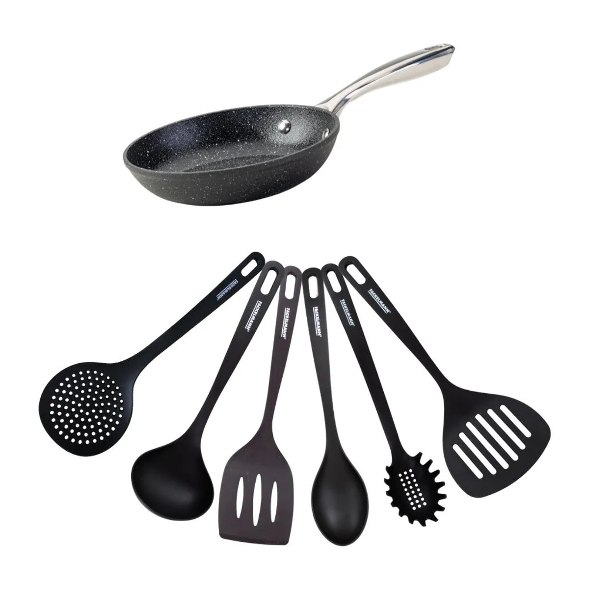 Set poêle 20 cm fonte alu revêtement antiadhésif céramique sans PFAS et 6 ustensiles inox Fackelmann Crossroad