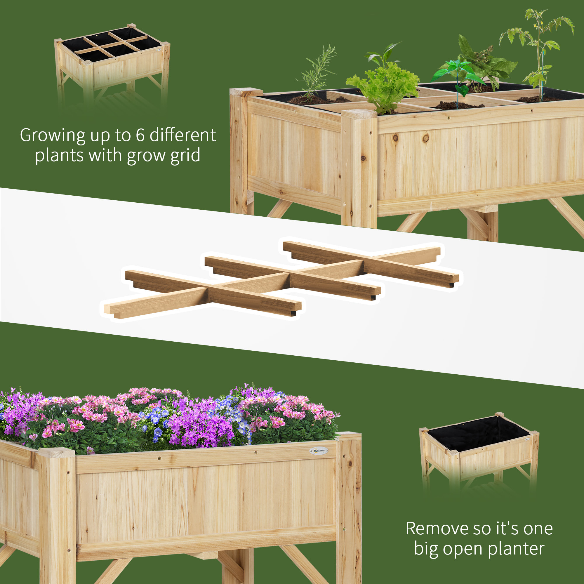 Jardinière sur pieds - carré potager avec étagère - dim. 78L x 58l x 81H cm - 6 compartiments - feutre drainage inclus - bois sapin pré-huilé