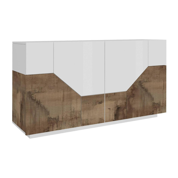 Credenza moderna a 4 ante geometriche, Made in Italy, Madia da ingresso, Buffet di design da soggiorno, Cm 200x43h86, Bianco lucido e Acero