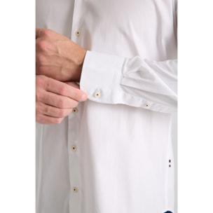 Camicia Uomo 1 Bottone Francese Slim Popeline Stretch Unito Bianco