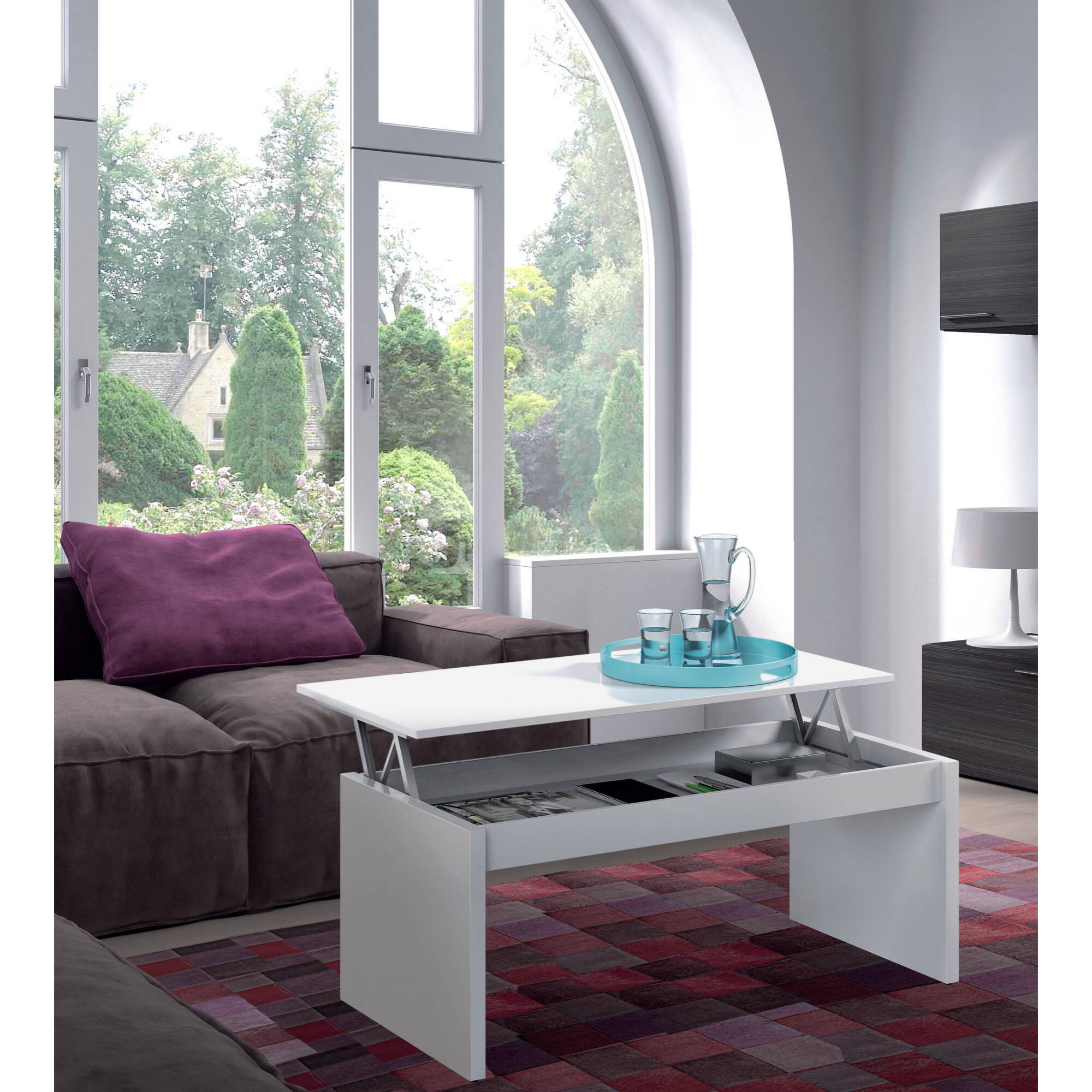 Tavolino da salotto Adrina, Tavolino da caffè con piano elevabile, Tavolo basso da soggiorno, 102x50h43/54 cm, Bianco lucido