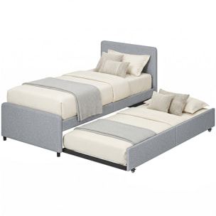 Cama Nido Individual, 90x190 cm, Estructura de Cama Tapizada en Lino con Cabecero y Piecero, Listones de Madera, Sin Colchón, Gris Claro