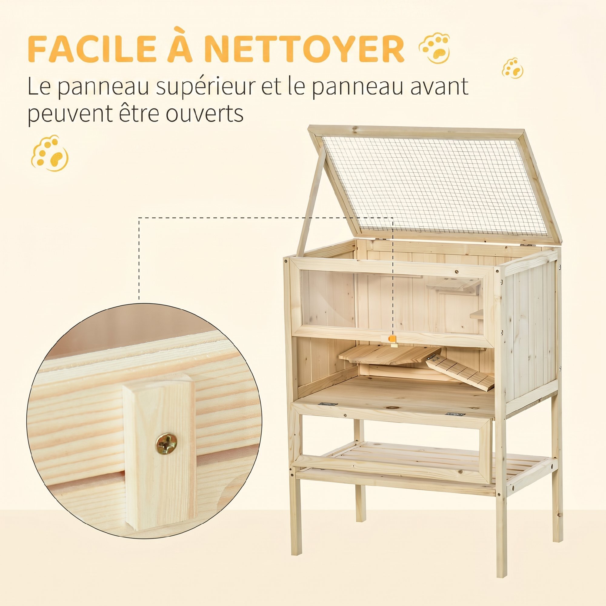 Cage hamster en bois sur pieds - étagère, plateformes, rampe - toit ouvrant, trappe nourrissage