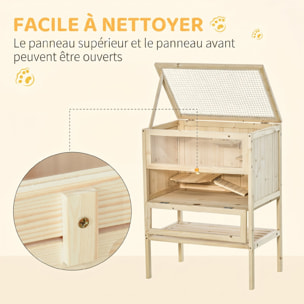 Cage hamster en bois sur pieds - étagère, plateformes, rampe - toit ouvrant, trappe nourrissage