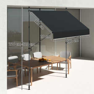 Toldo Manual Retráctil 2x1,2 m Toldo Exterior Terraza Enrollable Altura Ajustable con Manivela 210-310 cm Protección UV30+ Sin Taladro para Jardín Balcón Patio Negro