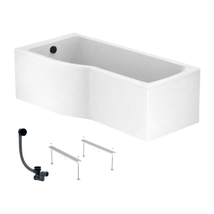 Baignoire bain douche 150 x 80 cm gauche Connect Air + tablier + pieds + vidage Noir mat