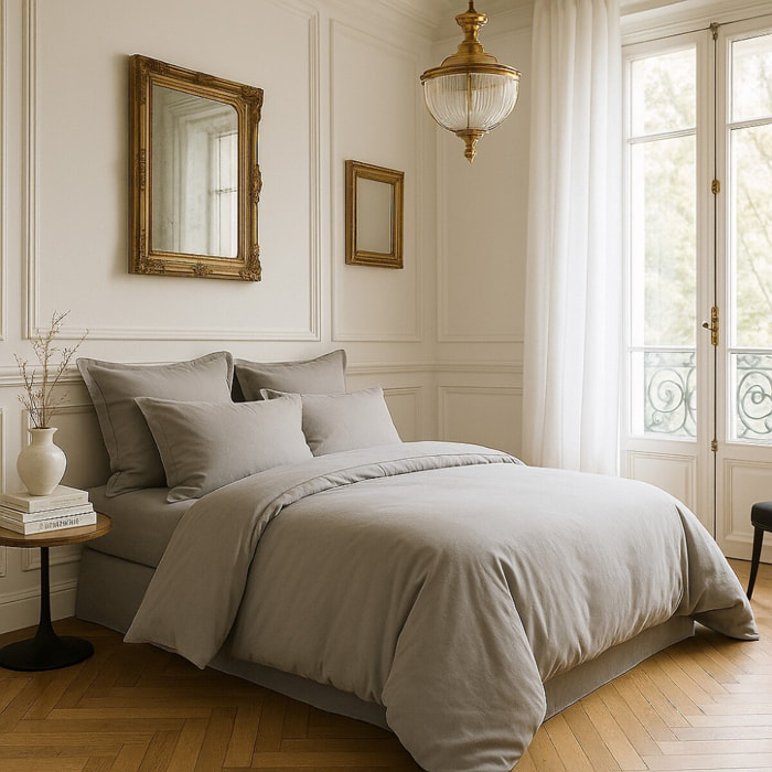 Housse De Couette 100% Satin de Coton lavé 105 Fils Gris Clair