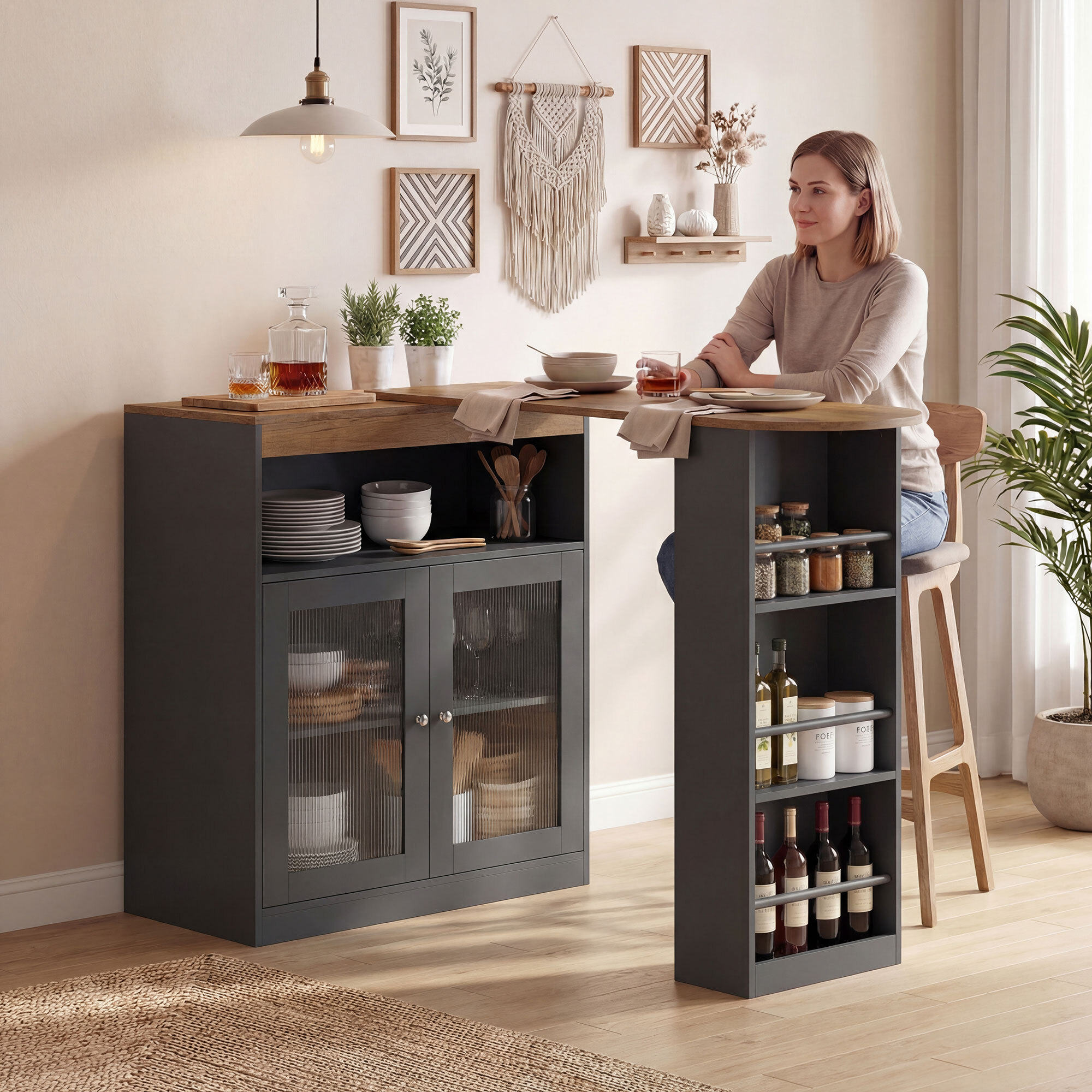 Mesa de Bar Extensible y Giratoria 90°, Mesa Alta Cocina con Estantes Abiertos y 2 Puertas de Vidrio para Comedor, 150x80x105,5 cm, Negro y Natural