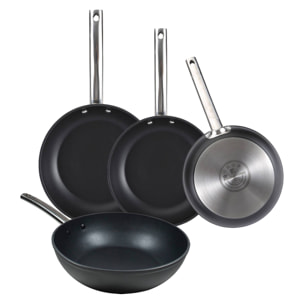 Juego de 3 Sartenes Ø24Ø28Ø30cm + Wok Ø28cm en Aluminio forjado aptas para inducción color Negro FOODIES MasterPRO