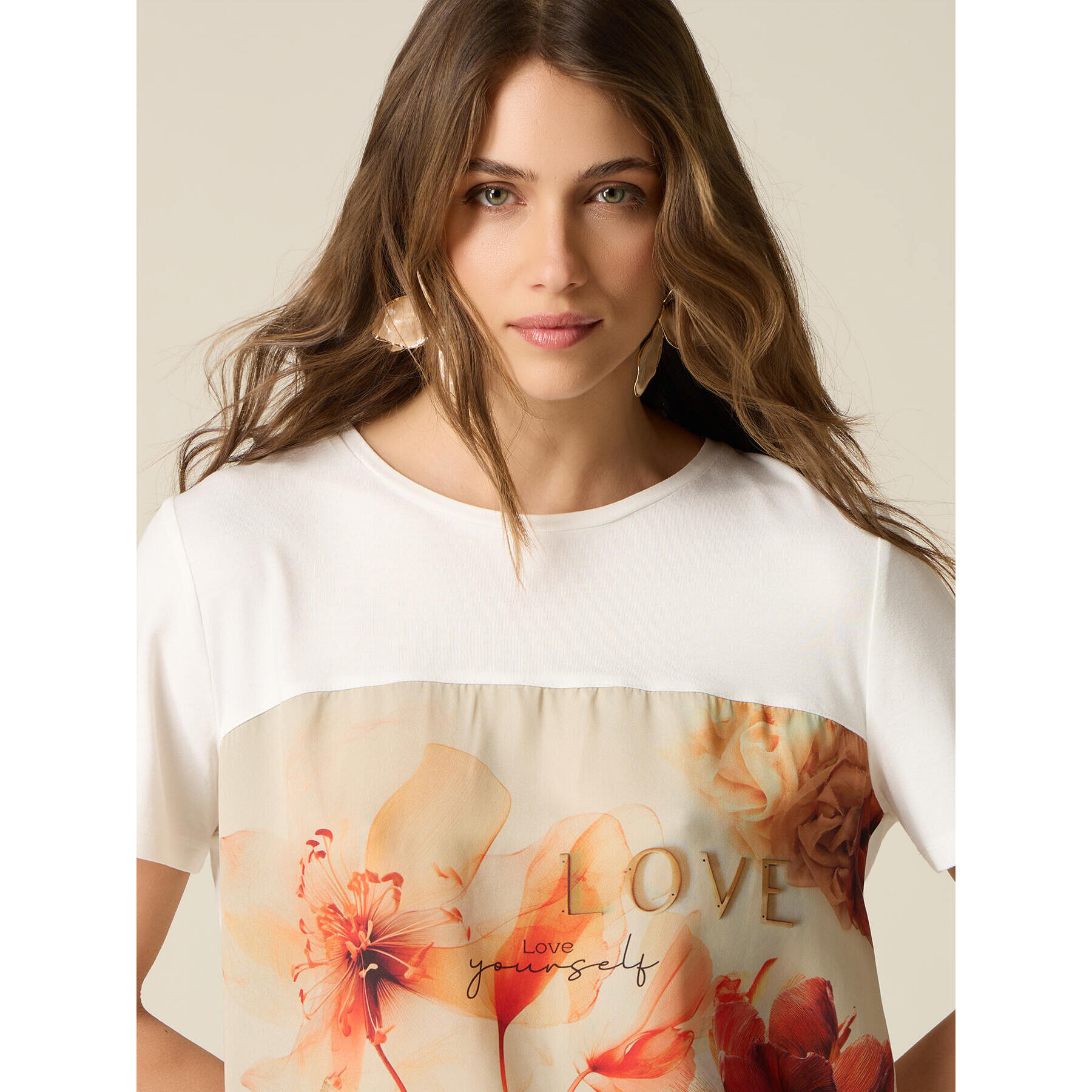 Oltre - T-shirt con inserto in raso stampato - Arancione