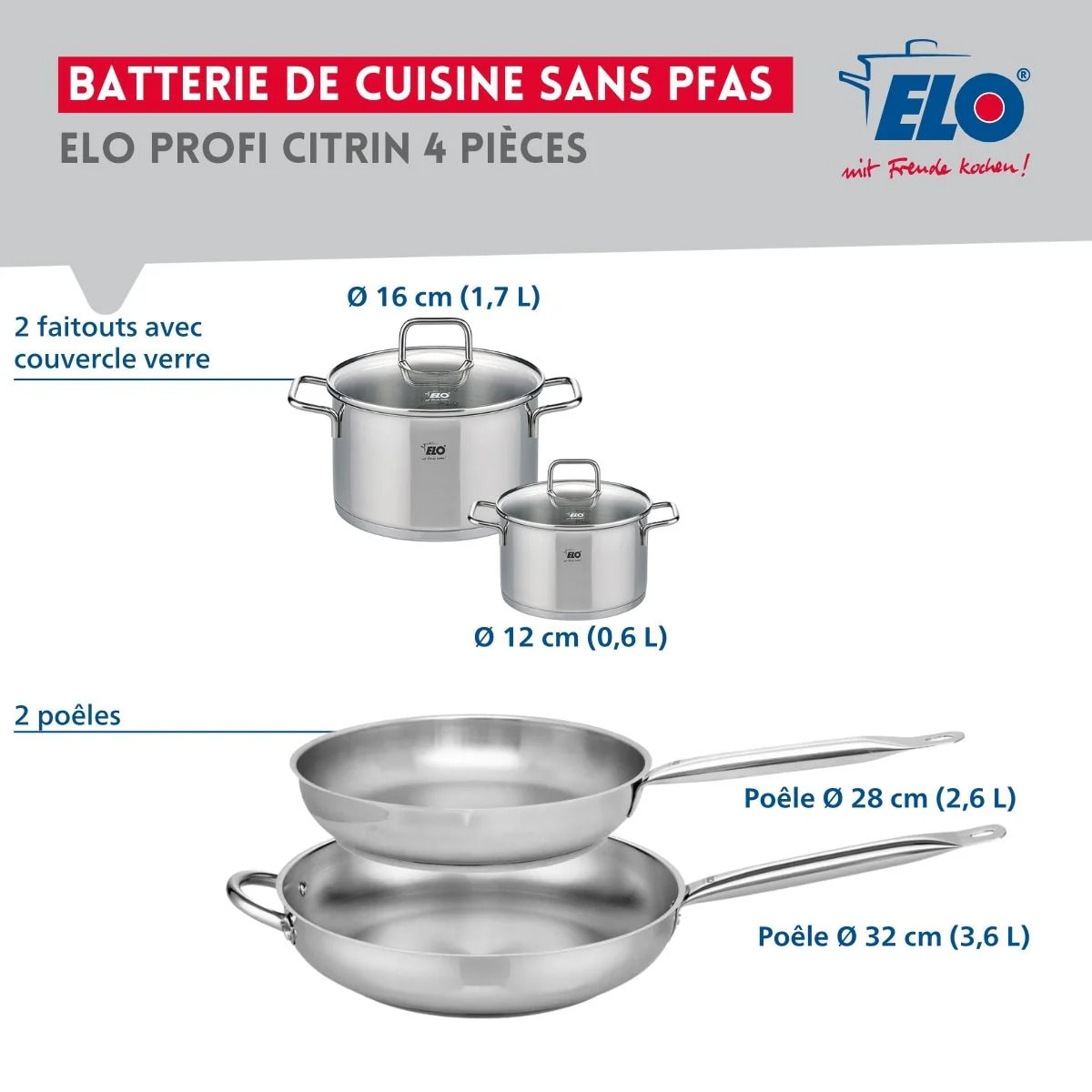 Ensemble de 2 Poêles de cuisson 28 et 32 cm et 2 faitouts 12 et 16 cm Elo Profi Citrin