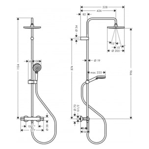 Pack douche : Porte coulissante 120cm + Paroi latérale 80cm + Colonne de douche avec mitigeur Hansgrohe + Receveur 120x80cm Noir