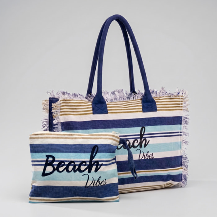 Borsa mare donna con pochette coordinata, shopper spiaggia grande in cotone effetto fouta con frange e zip, borsa rigata multicolor Beach Vibes, capiente e leggera, ideale per mare piscina vacanze e tempo libero