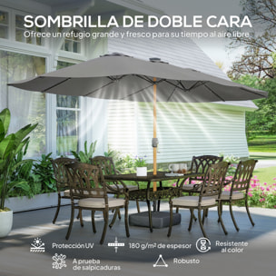 Sombrilla Doble con 48 Luces LED, 4,6x2,6 m, Sombrilla Terraza Exterior con Base Incluida, Manivela, Sacos Arena, Funda, Anti-UV, Resistente al Agua, Parasol para Jardín, Terraza, Gris
