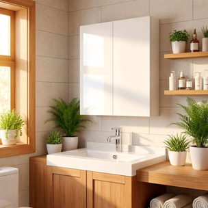 Mobile Pensile Da Bagno Sospeso Con 2 Ante Battenti E Ripiani Interni Armadietto In Melaminico Salvaspazio Per Bagno 60 x 60 x 16 Cm Bianco Lucido