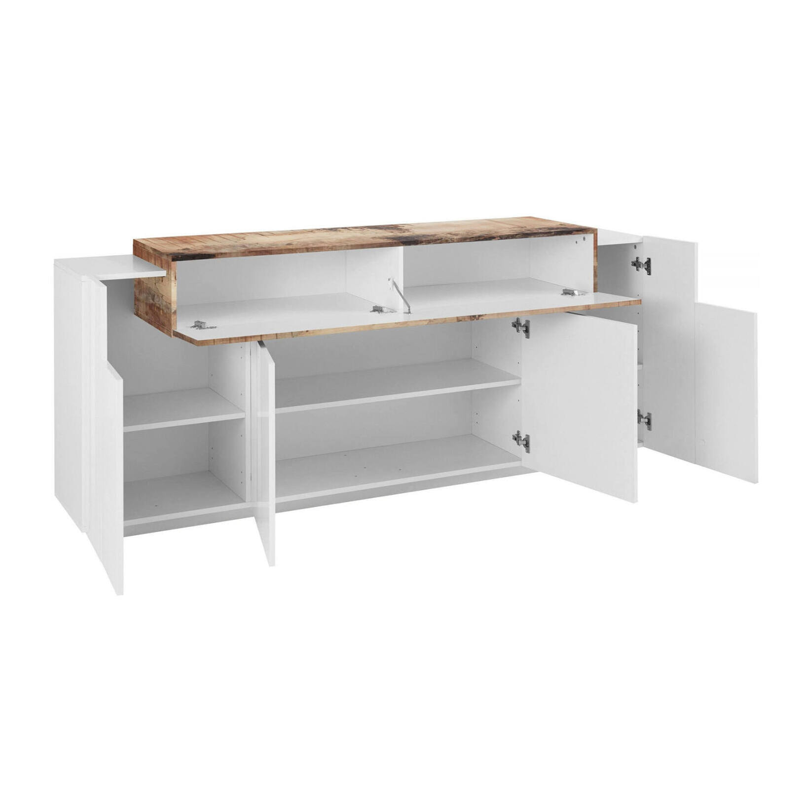 Credenza moderna a 5 ante, Made in Italy, Madia da cucina, Buffet di design da soggiorno, cm 200x45h86, colore Bianco lucido e Acero