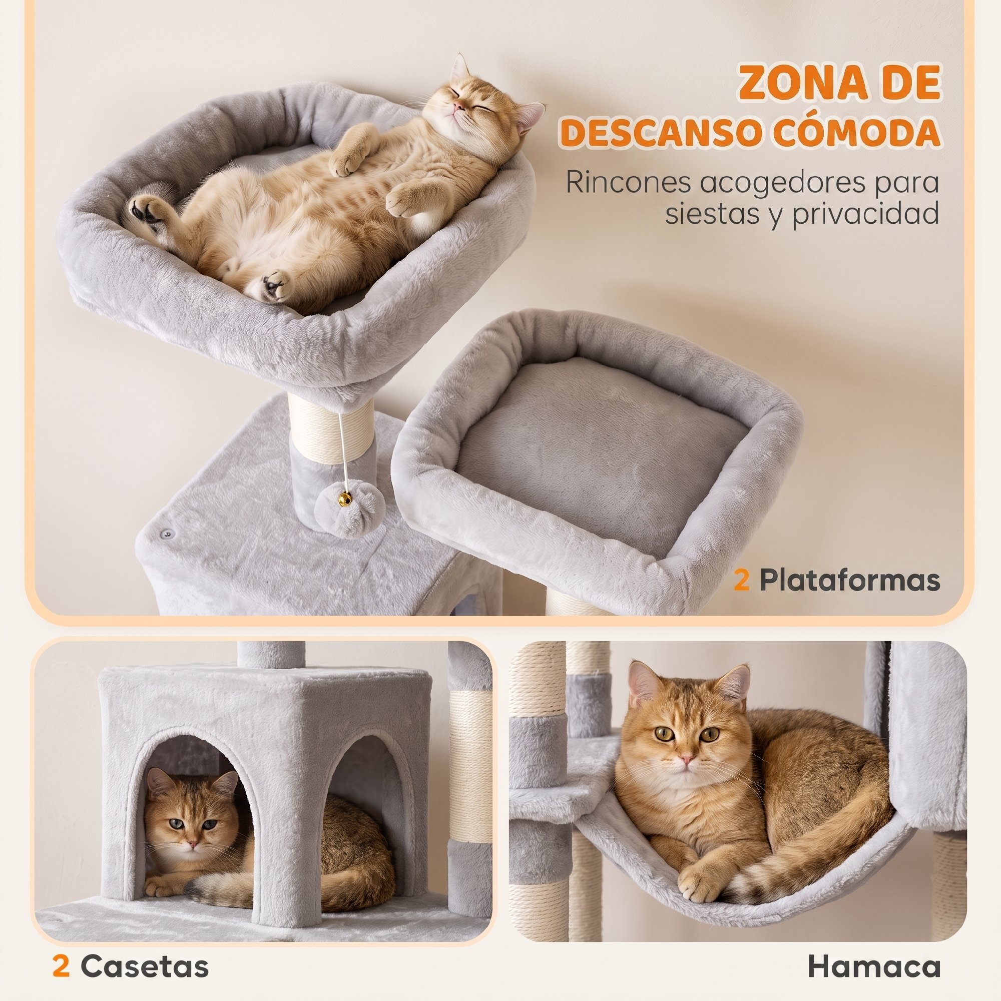 Árbol Rascador para Gatos 204 cm, Torre para Gatos Multinivel con 2 Cuevas, 2 Camas, Hamaca, Postes de Sisal, Escalera, 2 Bolas Colgantes, Tela de Felpa, para 1-3, Gris Claro