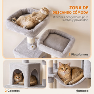 Árbol Rascador para Gatos 204 cm, Torre para Gatos Multinivel con 2 Cuevas, 2 Camas, Hamaca, Postes de Sisal, Escalera, 2 Bolas Colgantes, Tela de Felpa, para 1-3, Gris Claro