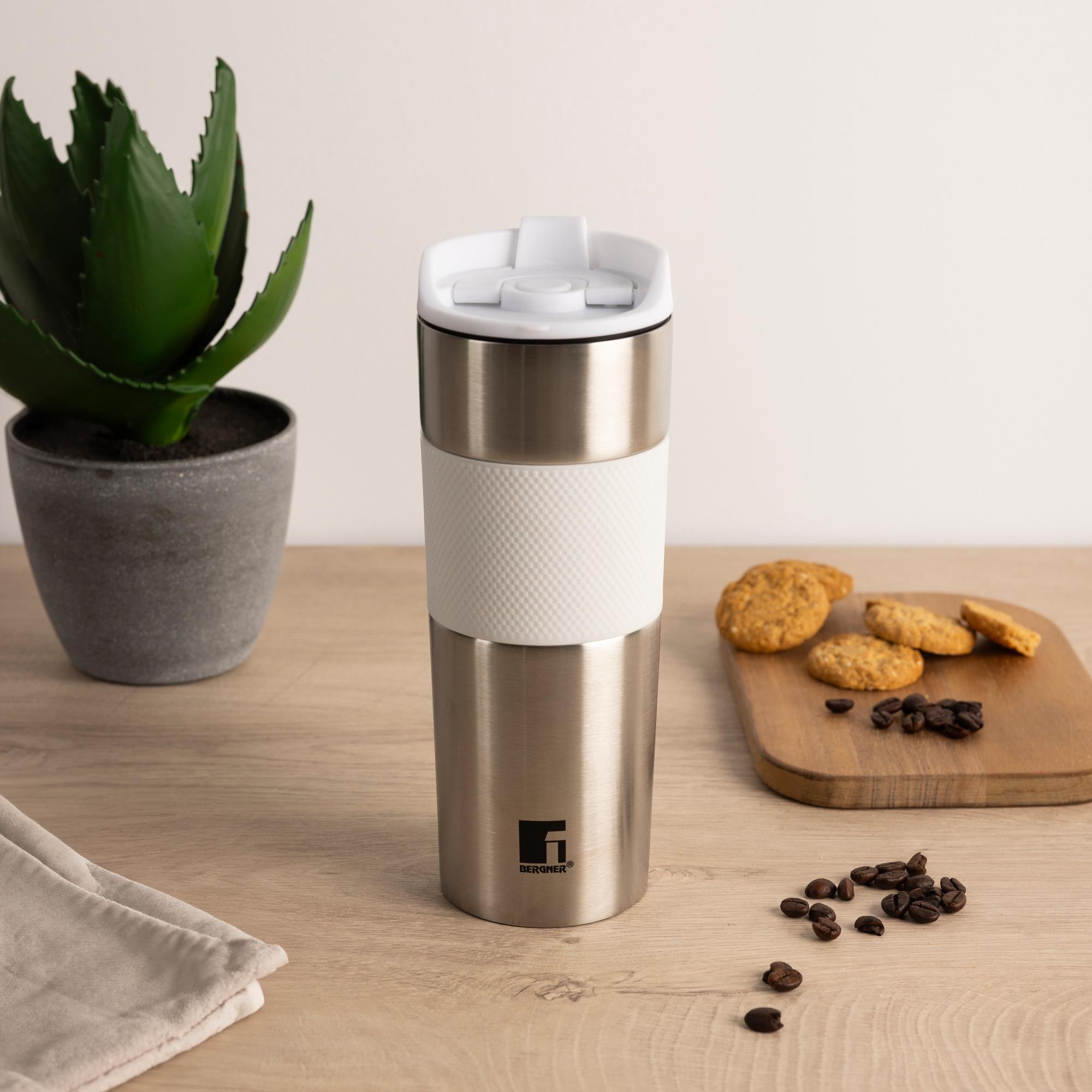 Taza de Viaje 460ml en Acero inoxidable y silicona Blanco LOVERS Bergner