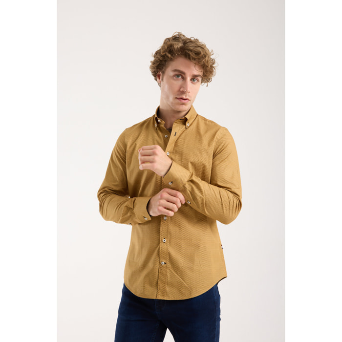 camicia uomo 1 bottone button down slim Cotone Stampato Fantasia Senape e Grigio Scuro
