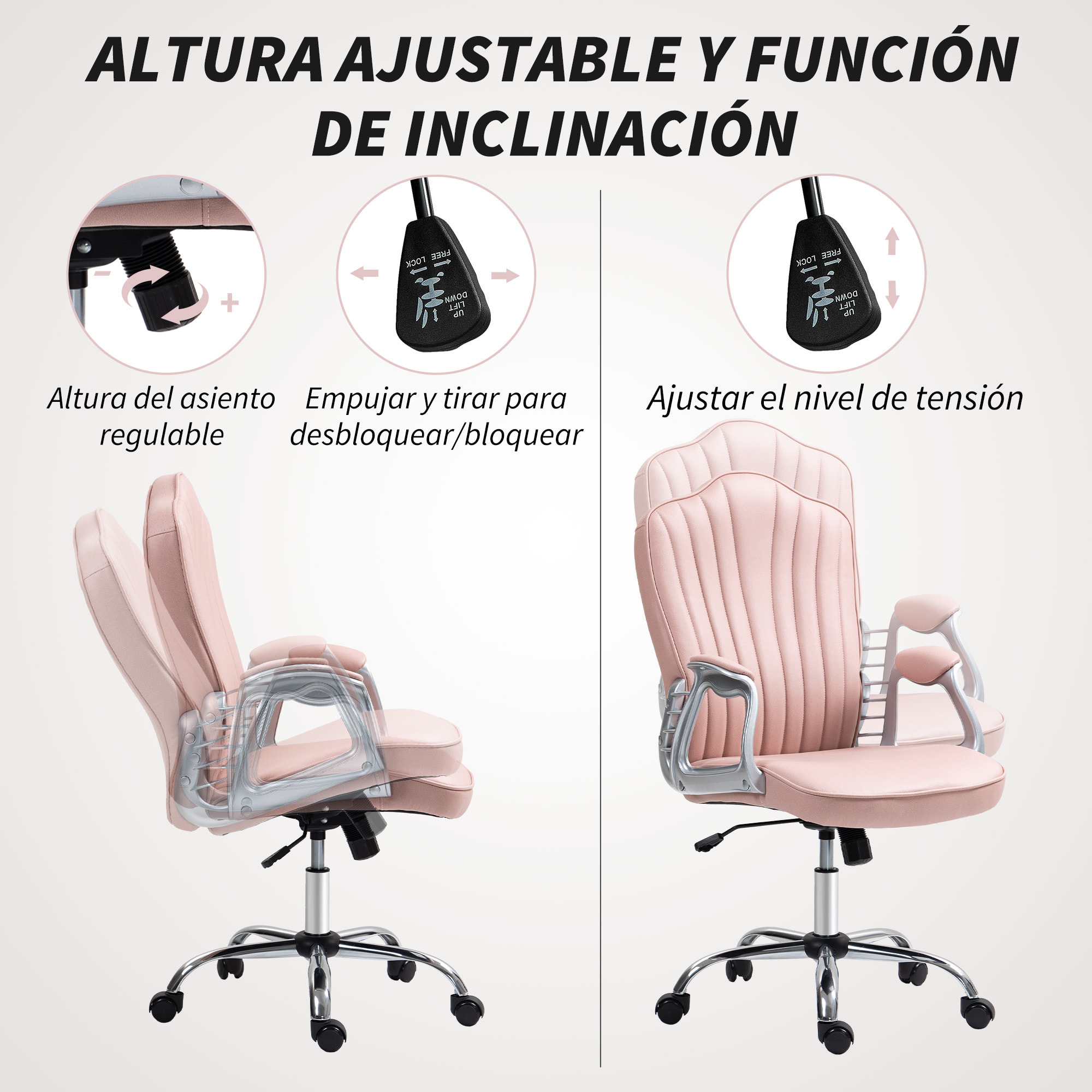 Silla de Oficina Silla de Escritorio Giratoria con Altura Ajustable Reposabrazos Respaldo Curvado Función de Basculante Rosa