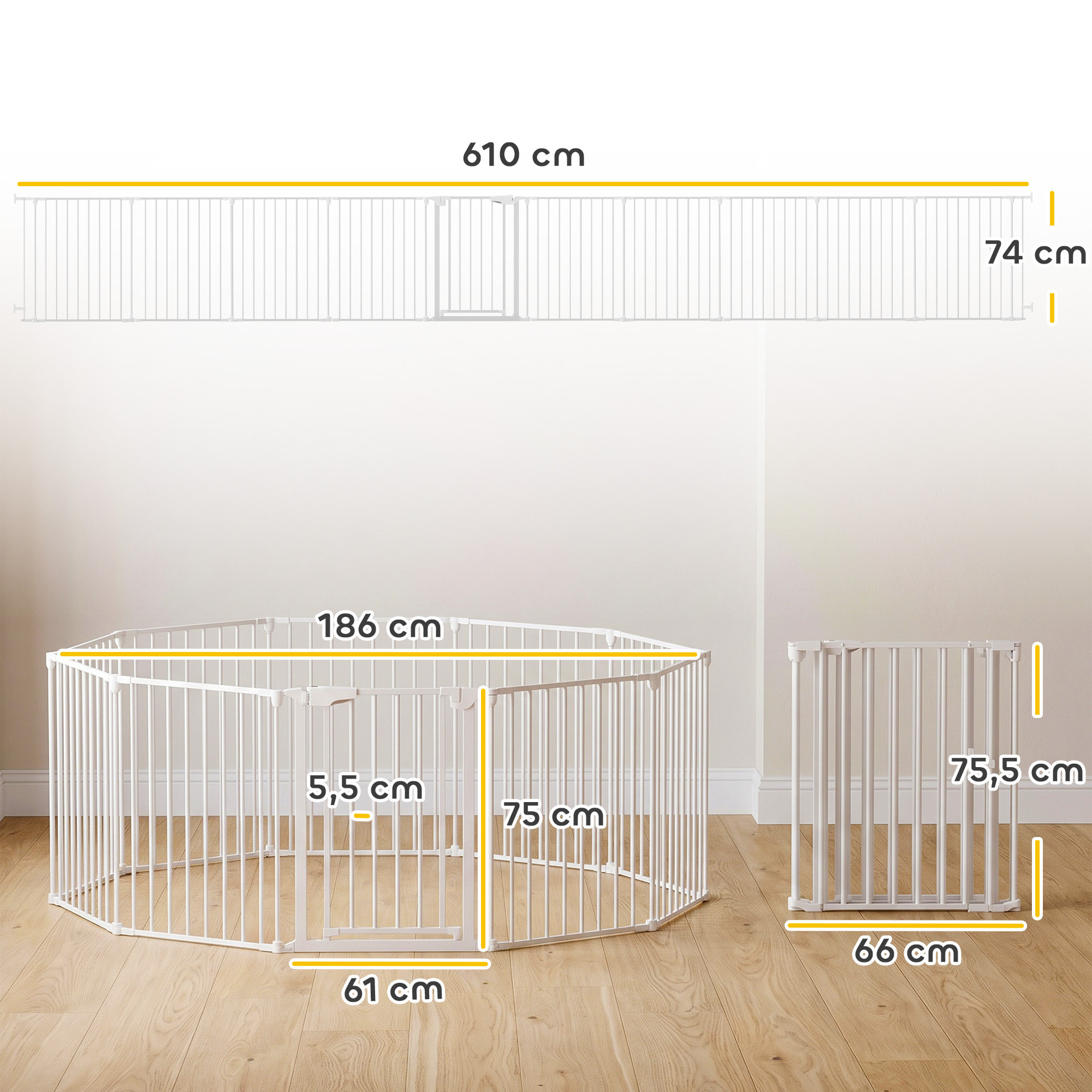 Barrière de sécurité pliable modulable max. L.610cm parc enclos 10 panneaux - porte double verrouillage - acier blanc