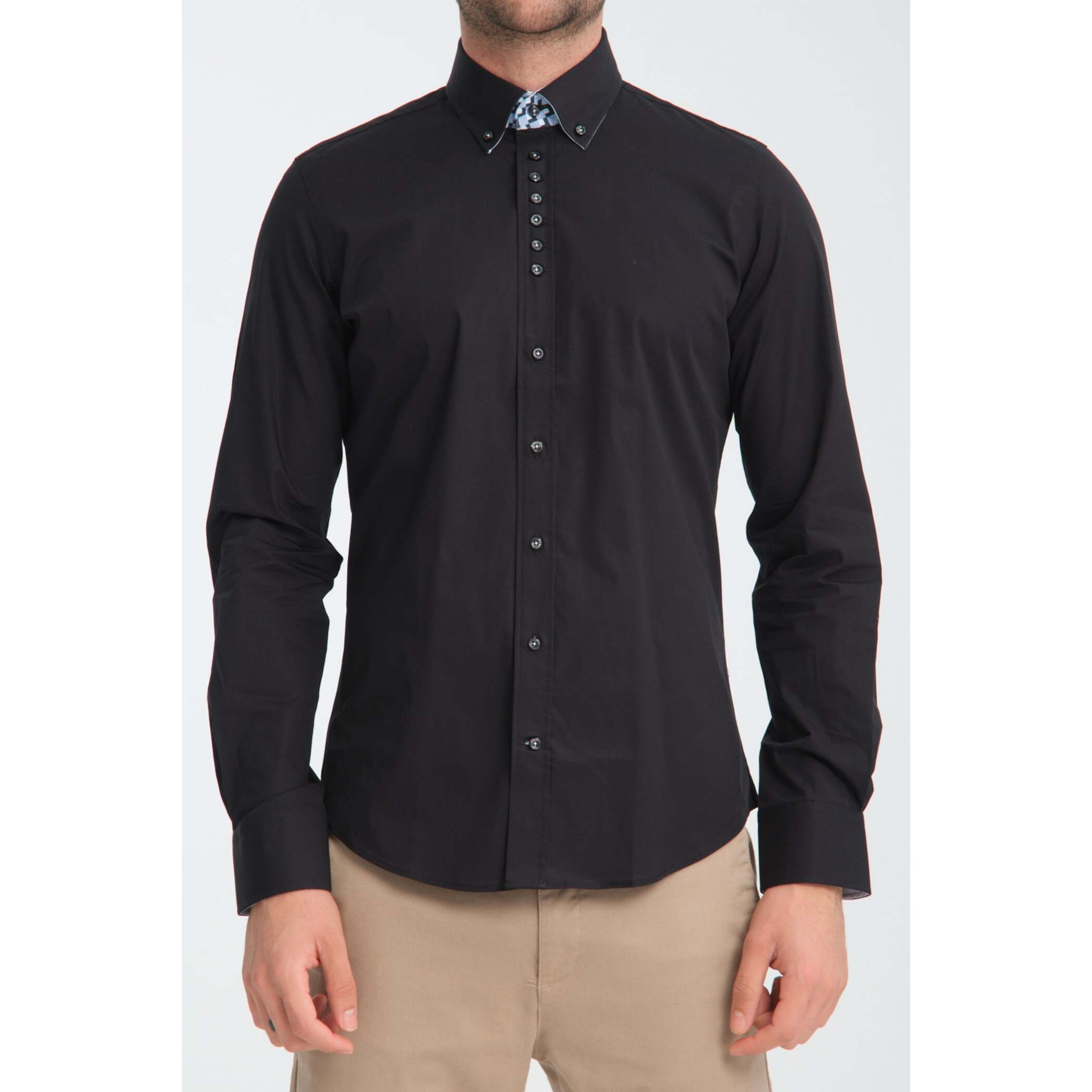 Camicia Uomo 1 Bottoni Button Down Slim Popeline Stretch Unito Nero