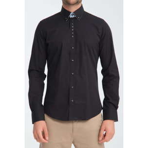 Camicia Uomo 1 Bottoni Button Down Slim Popeline Stretch Unito Nero